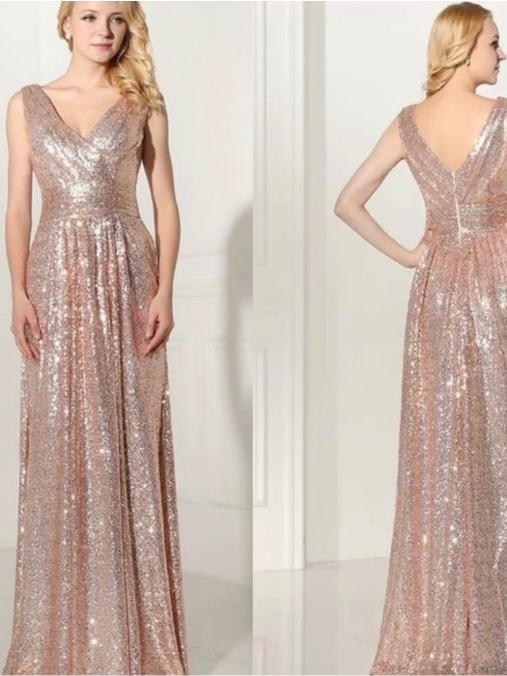 Kate Kasin Rose Gold Sequin Sleeveless Maxi Gown – Formal Evening & Prom Size 10